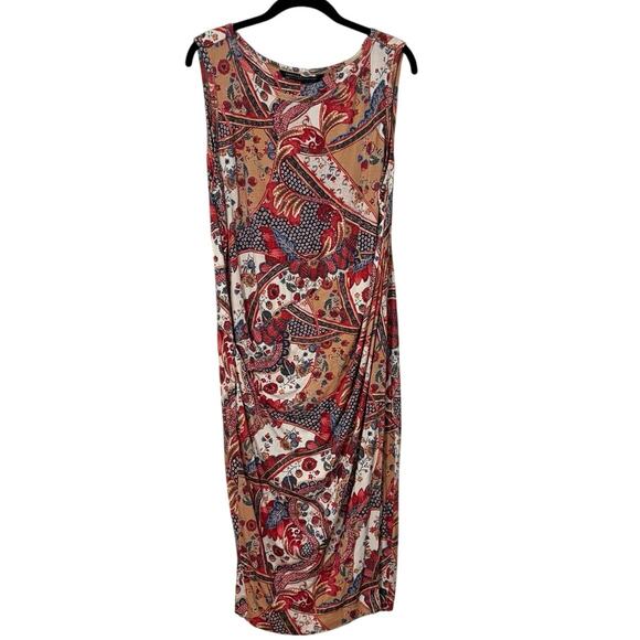 Peruvian Connection Red White Paisley Print Ruched Midi Dress Size Large - Picture 1 of 4